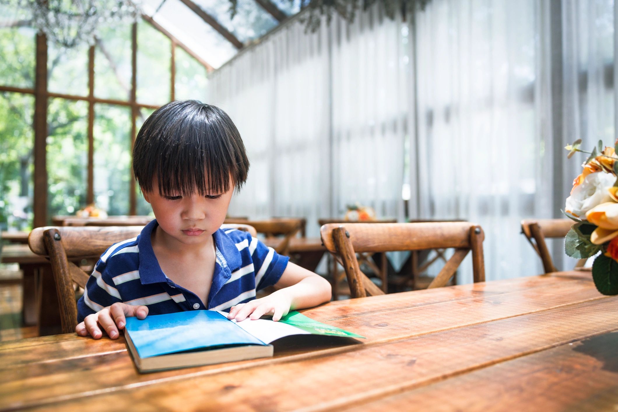 Little boy reading in a library