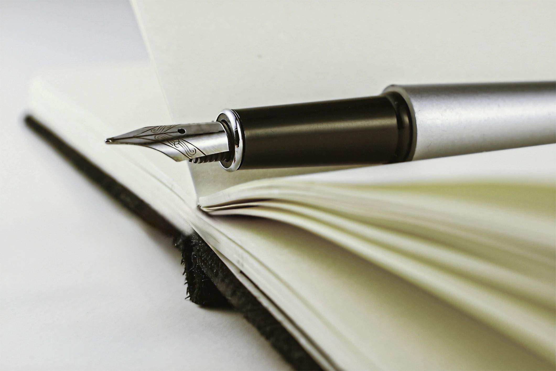 Fountain pen resting on an open notebook