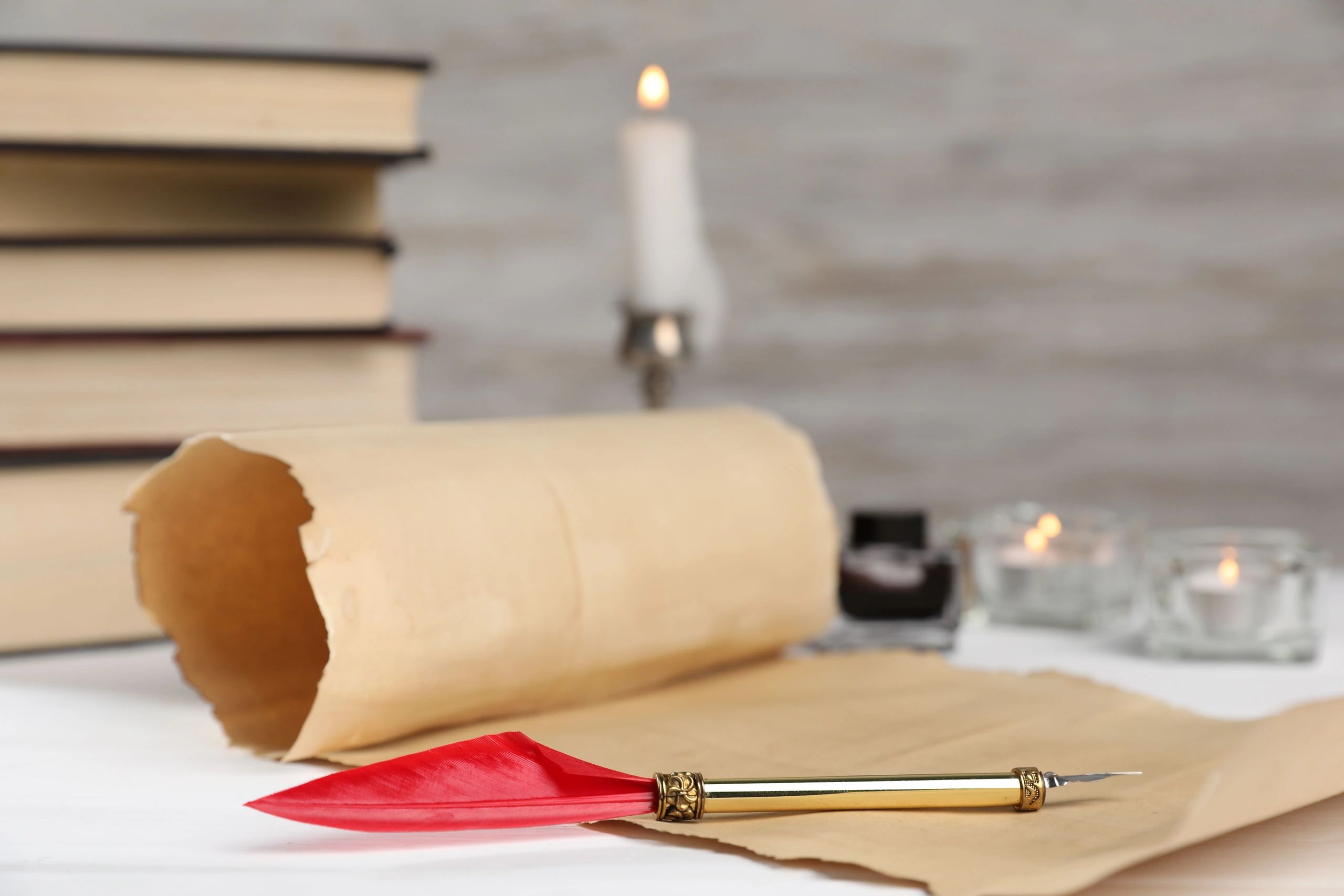 Parchment, books, and candles suggesting fantasy lore and research