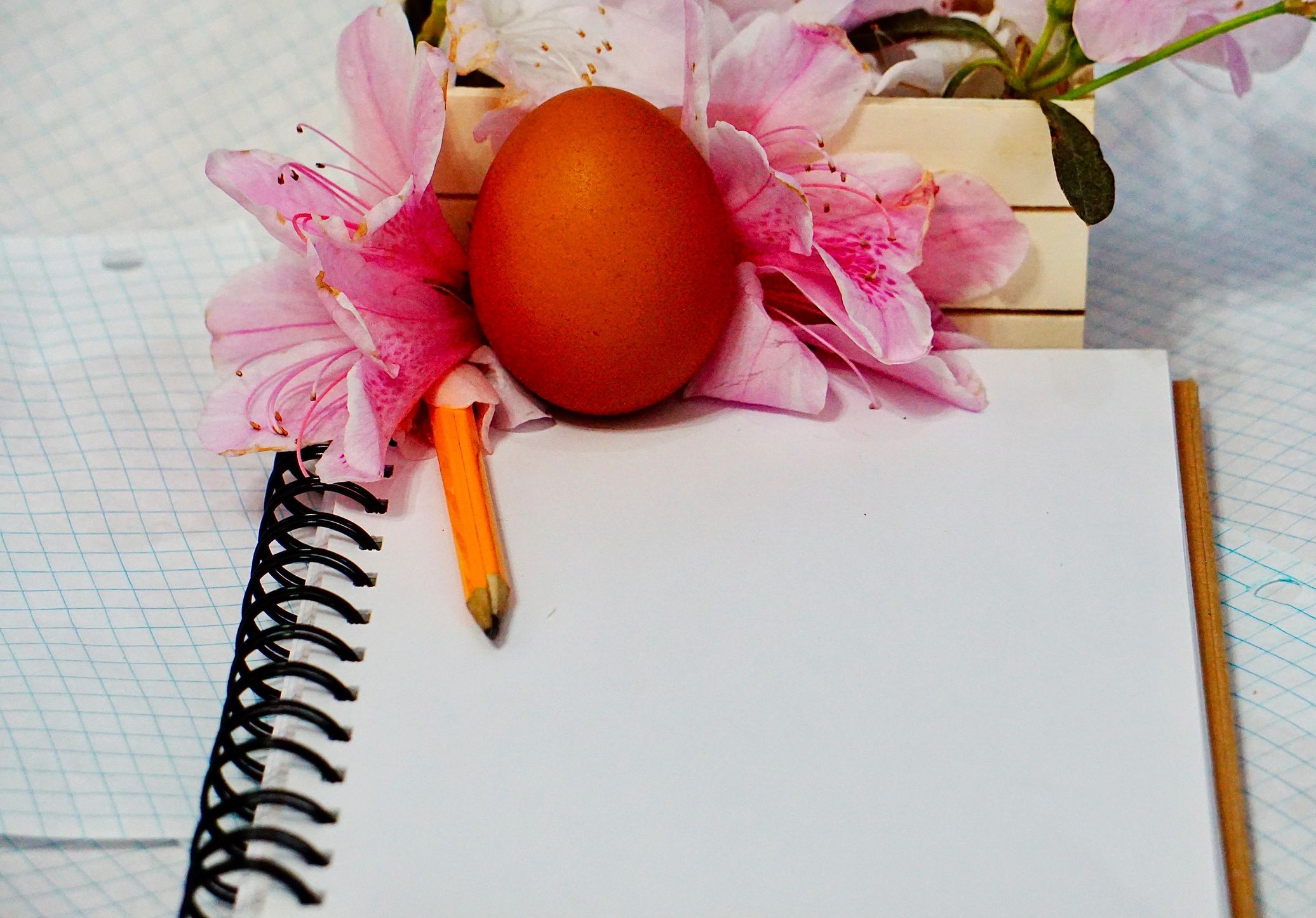Notebook and flowers representing creative planning