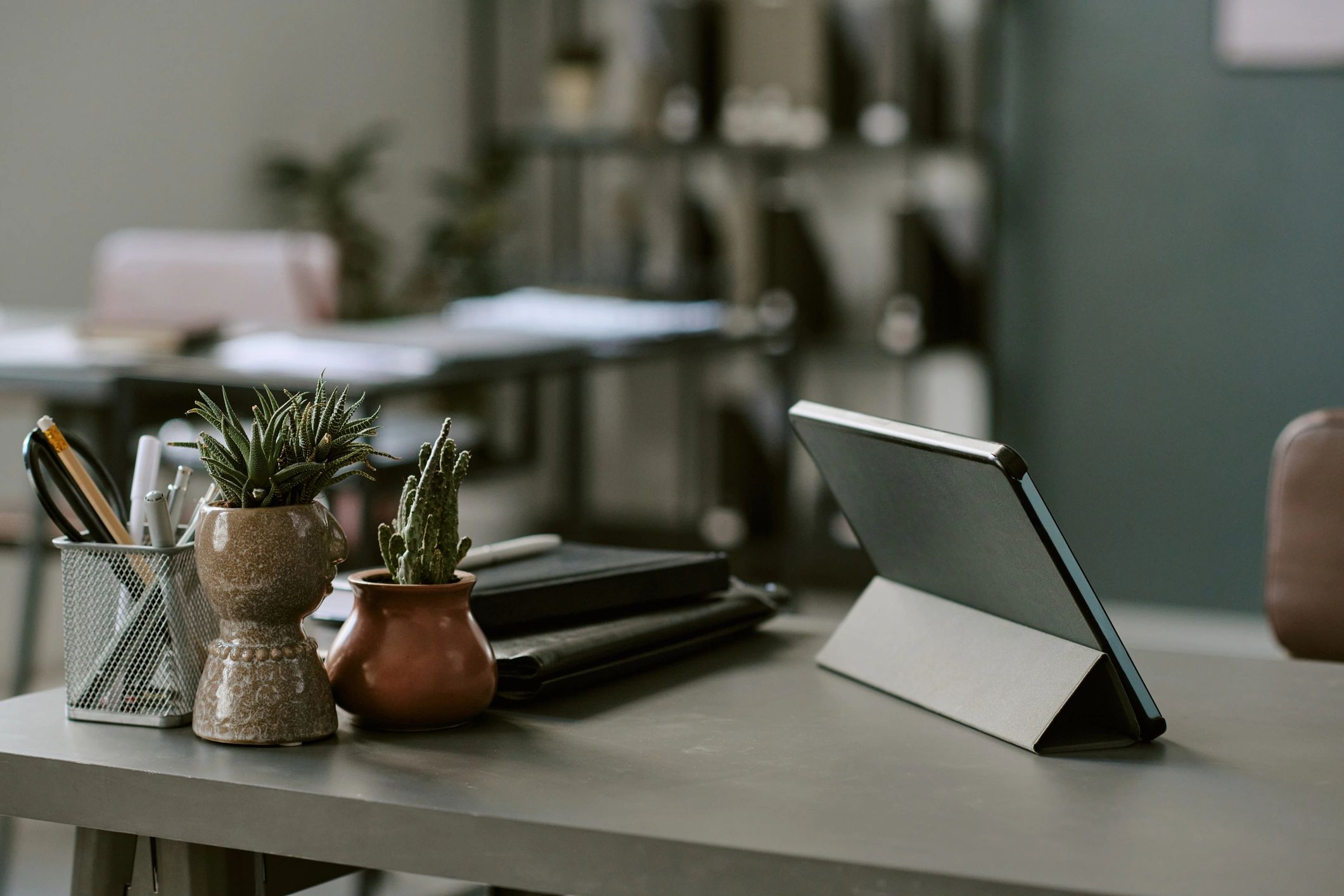 Organized desk with notebook and plants representing digital records and website administration